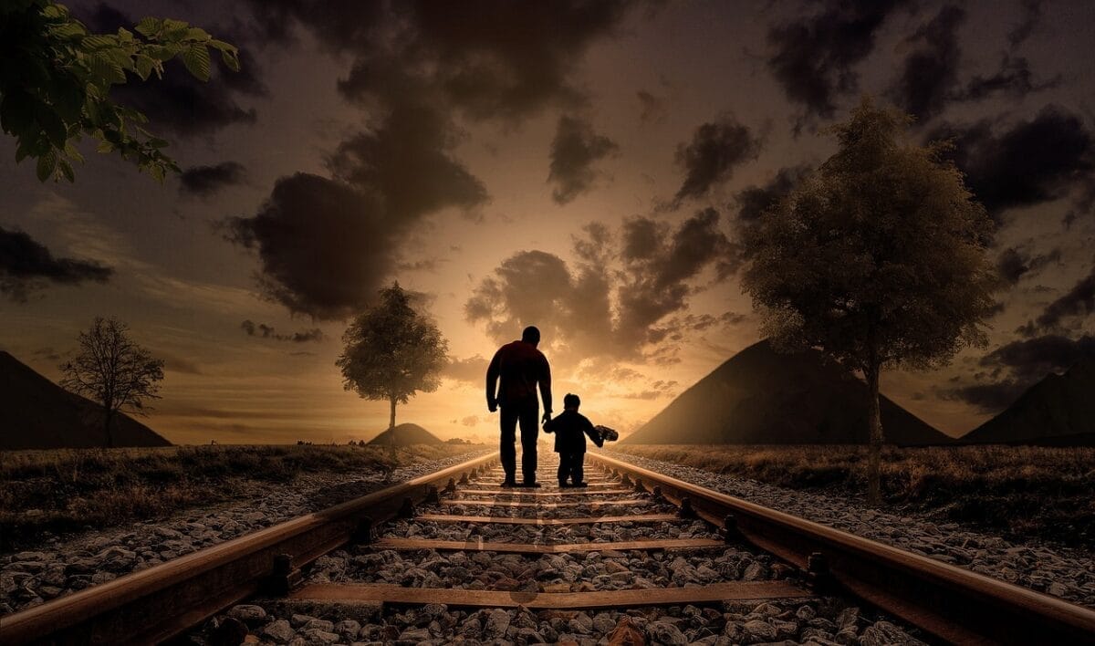 father and son, walking, railway, railroad, gravel, silhouettes, sunset, family, dusk, twilight, walking together, parent, fatherhood, parenthood, love, child, joy, nature, childhood, father, boy, kid, together, railroad tracks, adventure