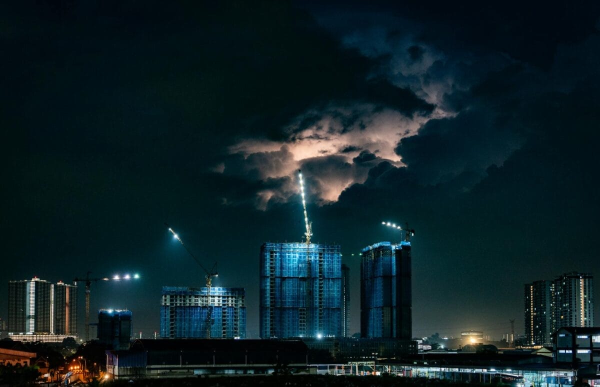 City skyline with thunderstorm