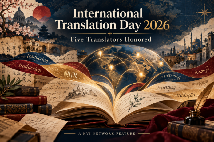 International Translation Day 2026 KVI Network feature illustration celebrating five translators through books, multilingual text, and global cultural connections.