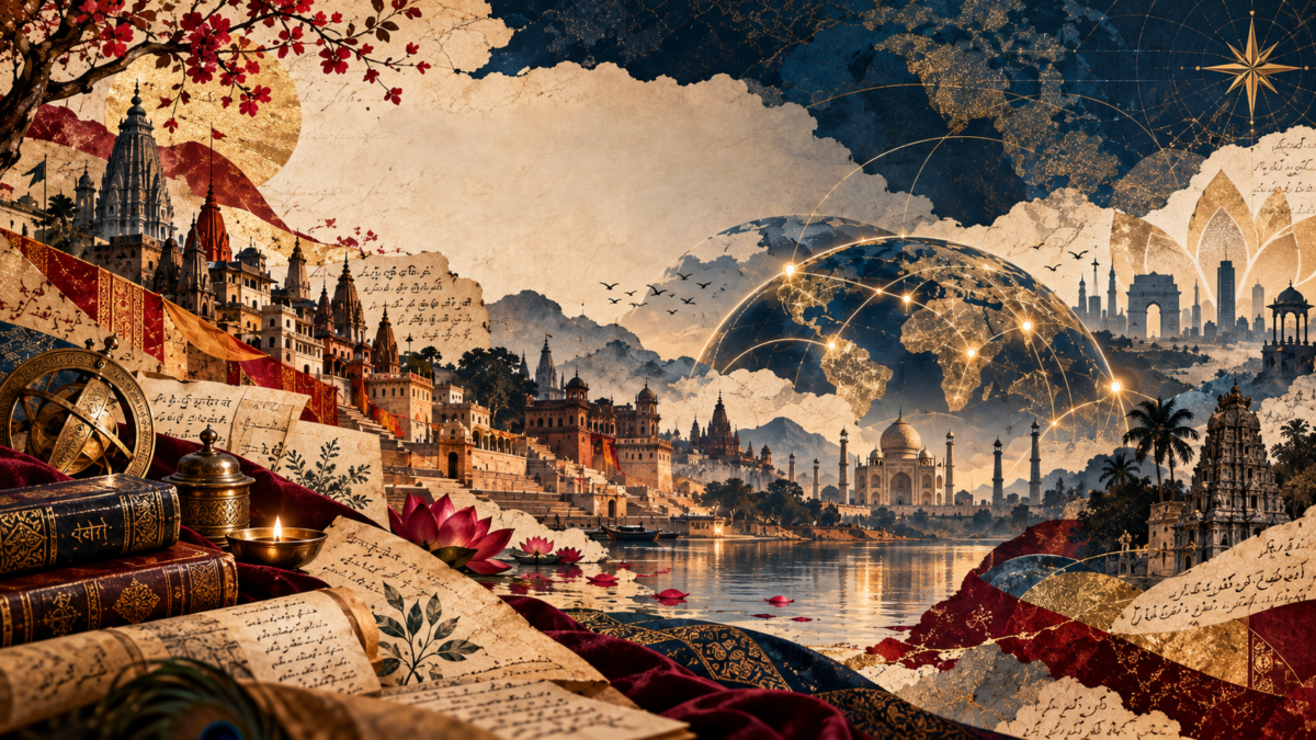 nVeeism-inspired India illustration for Nandita Samanta, with literary manuscripts, lotus and architectural motifs, layered cultural textures, and global translation connections.