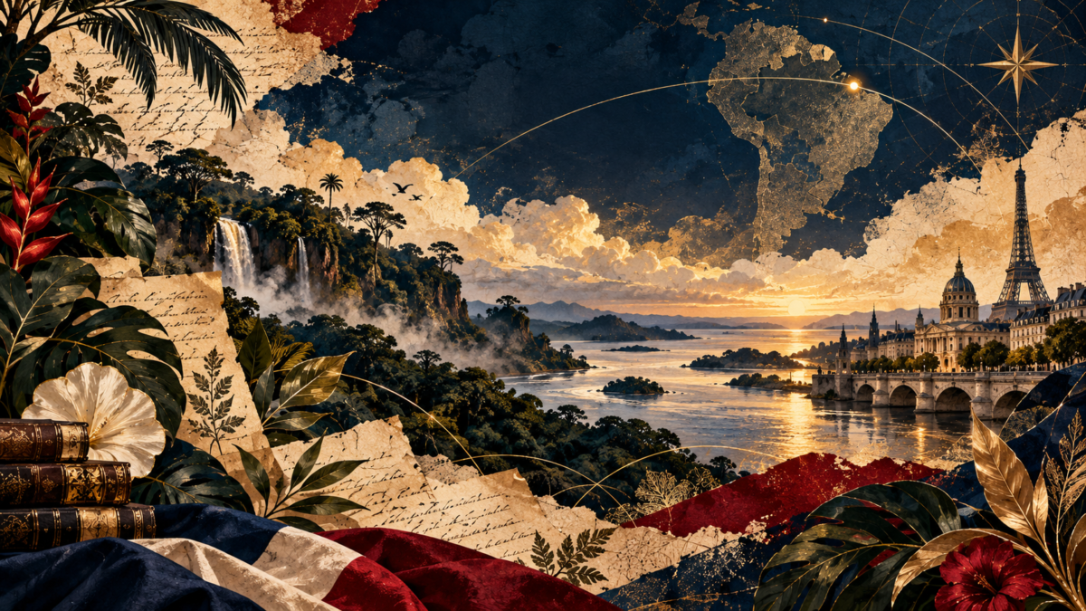 nVeeism-inspired French Guiana and France illustration for Alexandra Cretté, blending tropical rainforest, river scenery, French architectural motifs, manuscripts, and global connection lines.