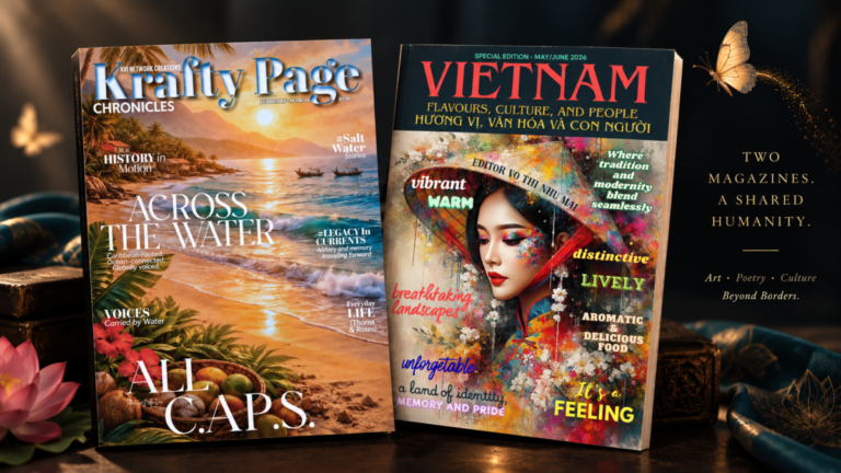 Krafty Page ChronicleS Volume II magazine displayed beside Vo Thi Nhu Mai’s Vietnam special edition magazine, representing cultural collaboration through art, poetry, and storytelling.