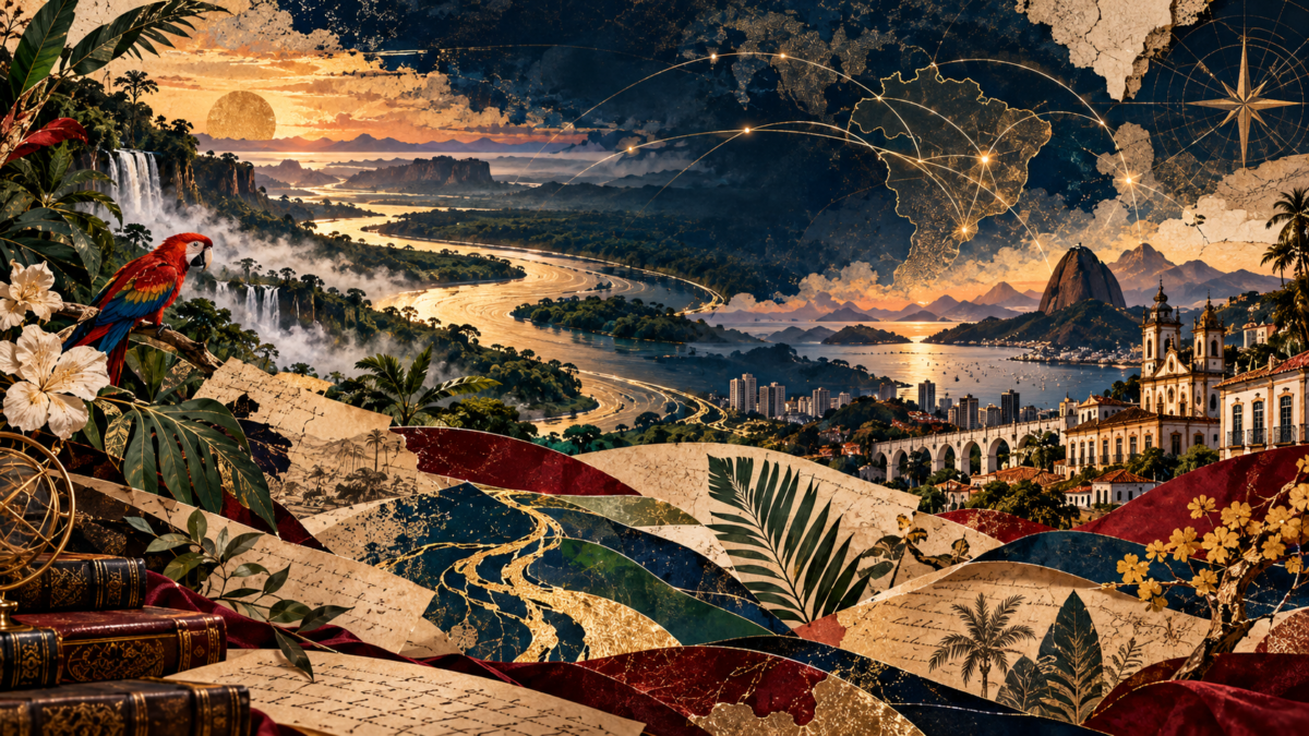 nVeeism-inspired Brazil illustration for Marcos Freitas, with rainforest and river imagery, tropical flora, literary collage textures, environmental symbolism, and global connection motifs.