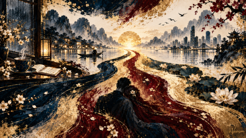 Abstract nVeeism landscape by Nelly Vee: three navy, burgundy, and gold pathways converge at a sunrise, linking ordinary presence, reciprocity, and love across cultures.