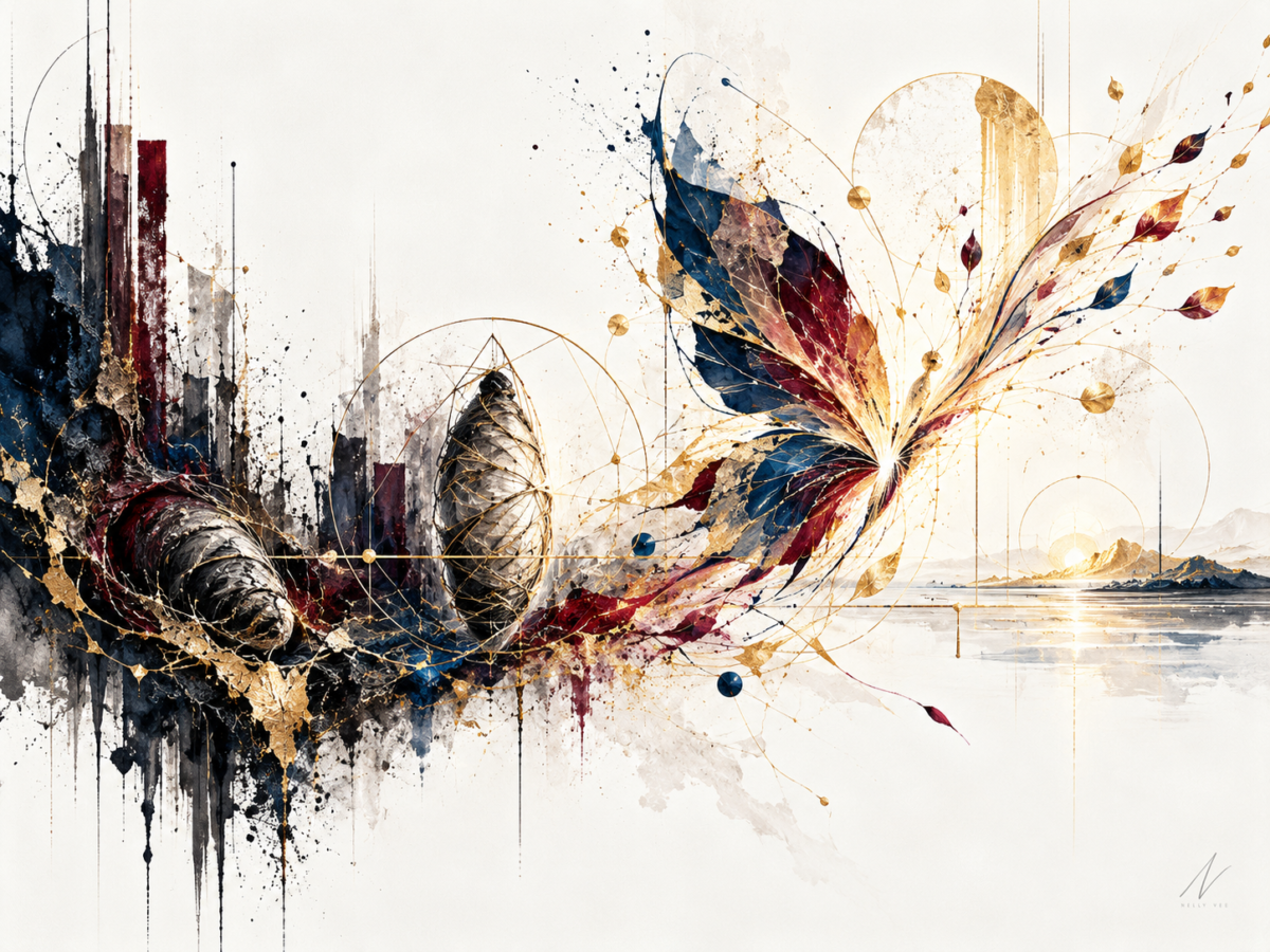 nVeeism landscape artwork by Nelly Vee interpreting Linette Rabsatt’s I Am a Butterfly: fragmented navy and burgundy forms pass through a chrysalis-like center toward golden wing-like motion across an ivory background.