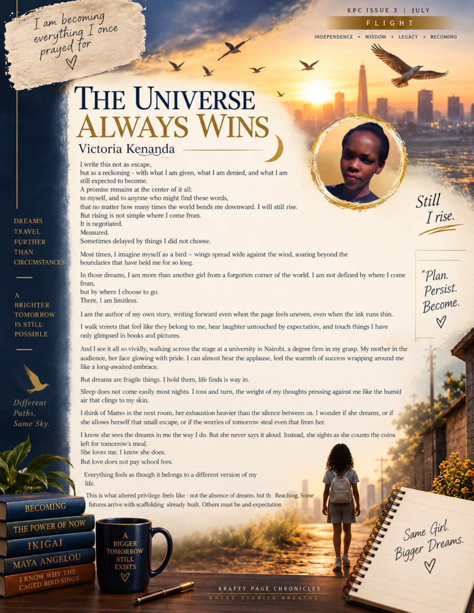 Victoria Kenanda’s The Universe Always Wins, presented with her portrait, birds against a golden sunrise, a student walking toward a city, and her writing in a navy-and-gold collage.