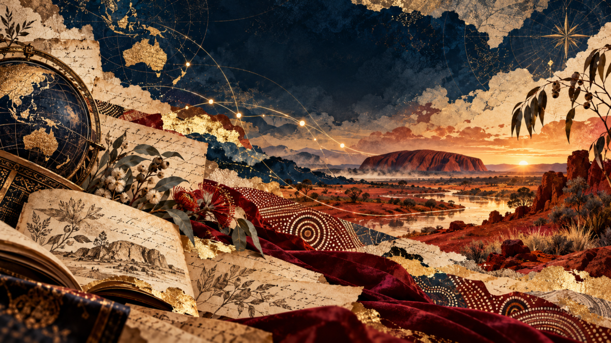 nVeeism-inspired Australia illustration for Juan Garrido Salgado, with red-earth landscape, open horizon, native flora, literary collage textures, and global connection motifs.