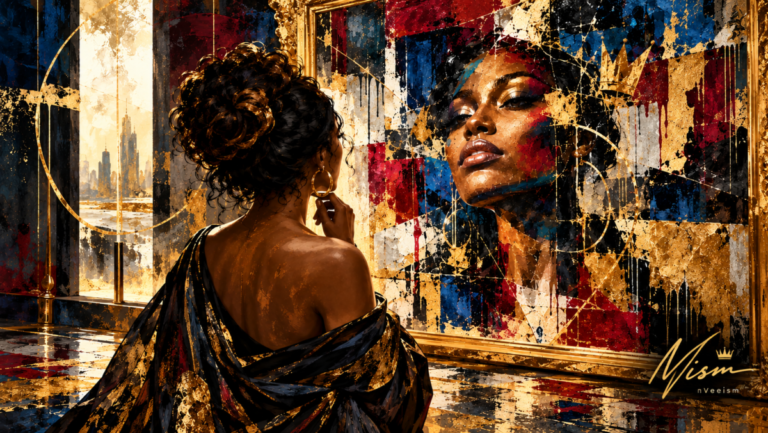 nVeeism artwork by Nelly Vee: a Black woman views an abstract portrait of herself in a gold-framed gallery, with navy, burgundy, ivory and gold textures expressing identity and transformation.
