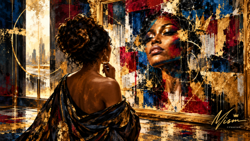 nVeeism artwork by Nelly Vee: a Black woman views an abstract portrait of herself in a gold-framed gallery, with navy, burgundy, ivory and gold textures expressing identity and transformation.