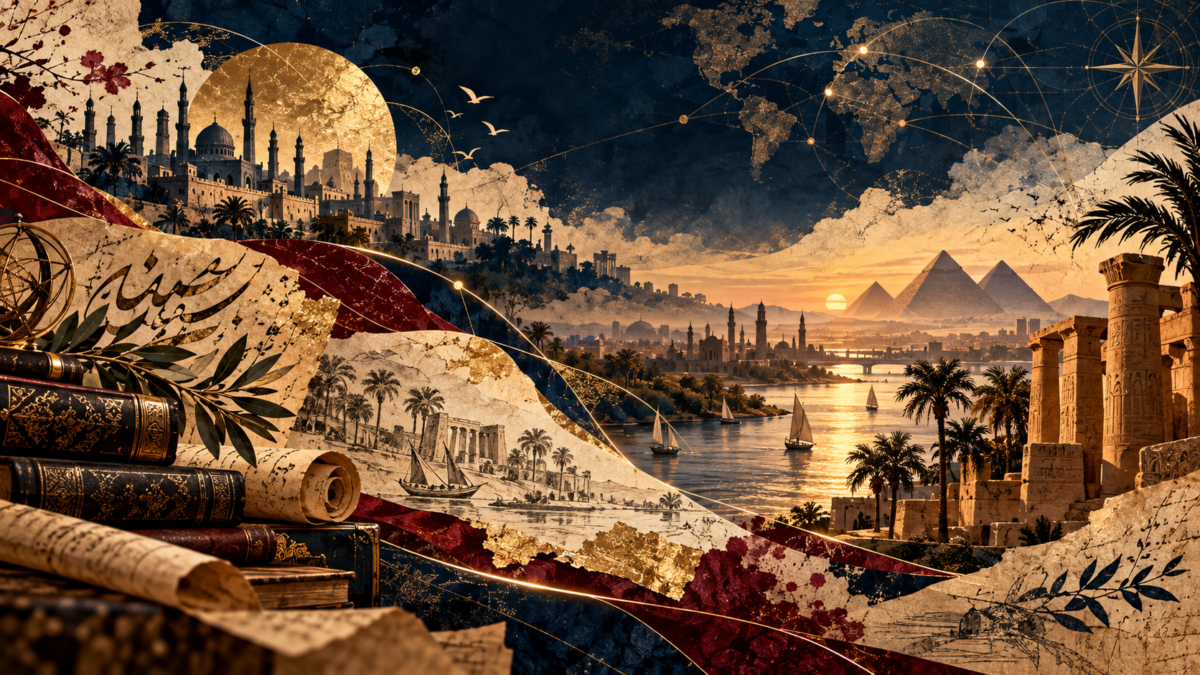 nVeeism-inspired Egypt illustration for Ashraf Aboul-Yazid, with Nile scenery, pyramids, Arabic calligraphic textures, ancient architecture, books, and global cultural connections.