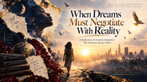 nVeeism-style editorial cover showing a young person walking toward a sunrise and city skyline, birds in flight, layered textures, and the title When Dreams Must Negotiate With Reality.