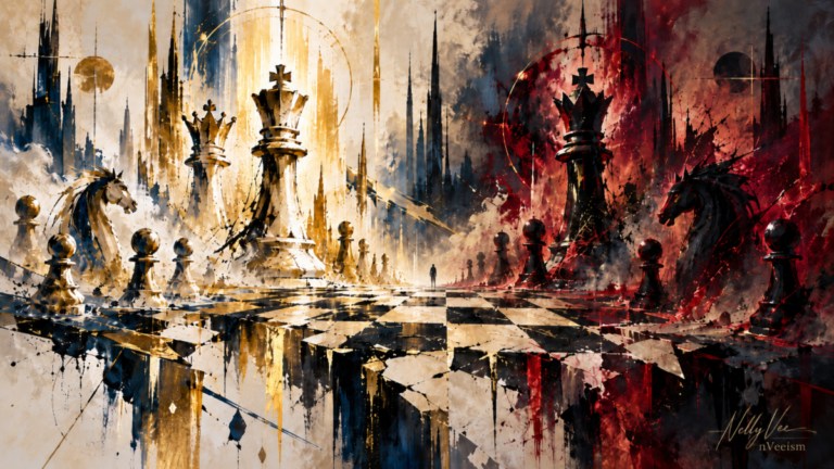 nVeeism artwork depicting a dramatic spiritual chess battle between light and darkness, with opposing kings and a lone figure between them