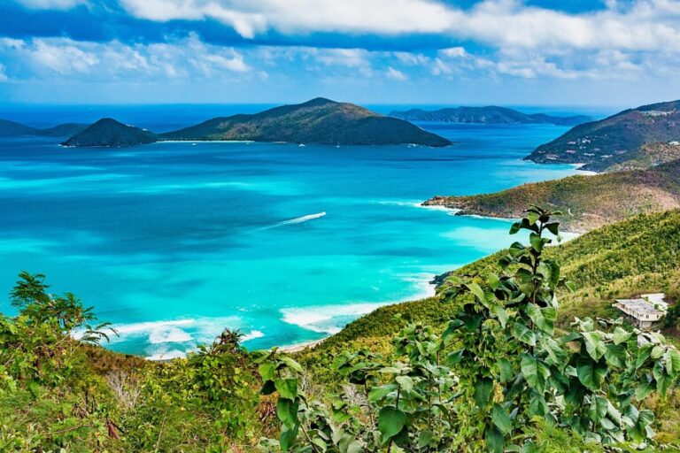Turquoise Caribbean waters and green hills of Tortola in the British Virgin Islands