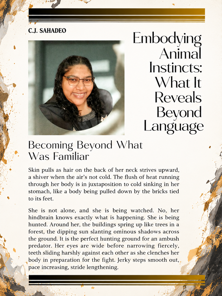 First corrected magazine page for C.J. Sahadeo’s Embodying Animal Instincts: What It Reveals Beyond Language