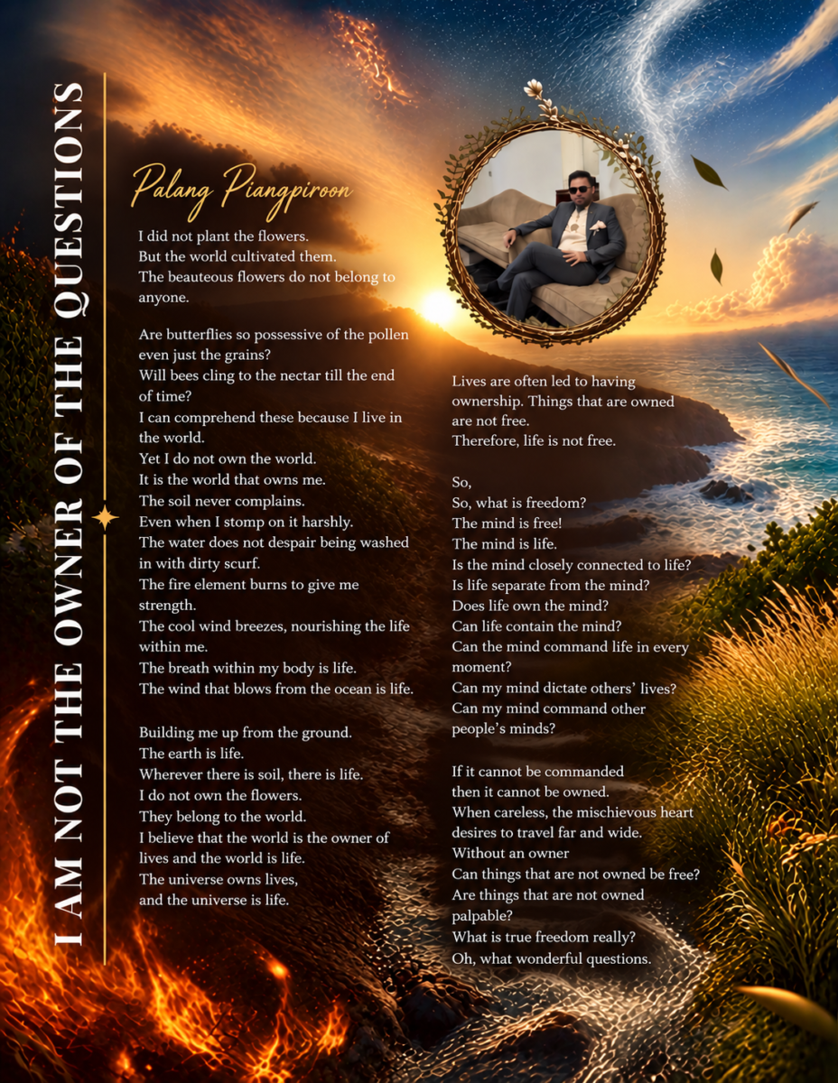 Featured poetry artwork for I Am Not the Owner of the Questions by Palang Piangpiroon, set against a dramatic coastal and cosmic landscape