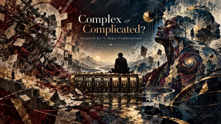 nVeeism artwork exploring the difference between complex and complicated through a seven-digit combination lock, fragmented human forms, and layered abstract symbolism.