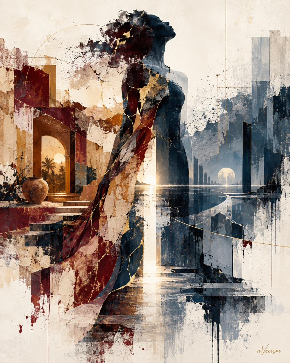 Abstract nVeeism artwork titled Between Home and Becoming, showing a central feminine figure connecting a warm fractured past with a cooler open future landscape.