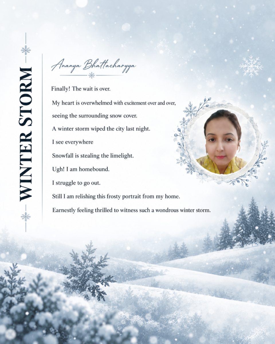 Redesigned poetry page for Winter Storm by Ananya Bhattacharyya with snowy landscape imagery