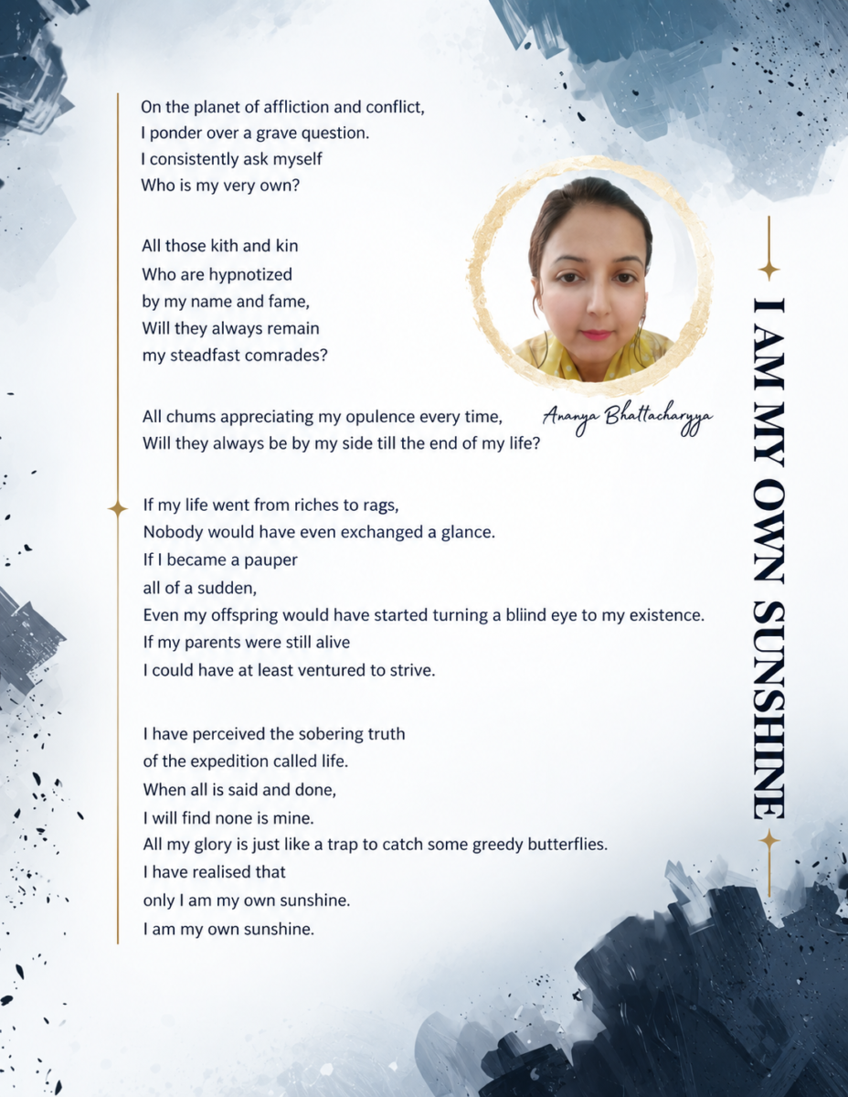 Redesigned poetry page for I Am My Own Sunshine by Ananya Bhattacharyya with blue-gray watercolor accents