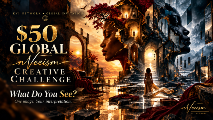 Promotional cover for the $50 Global nVeeism Creative Challenge featuring surreal abstract imagery and the words What Do You See?