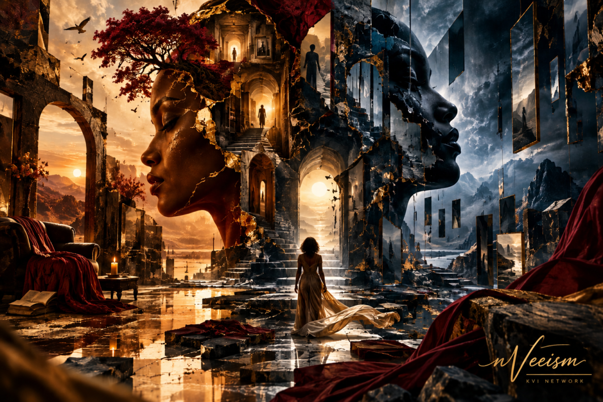 Surreal nVeeism artwork with contrasting warm and cool worlds, fractured architecture, symbolic faces, pathways, and a central figure for the What Do You See creative challenge.