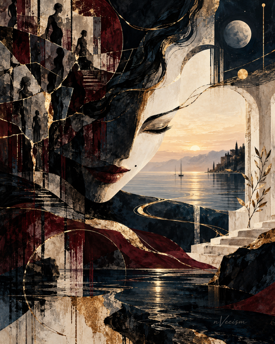Portrait nVeeism artwork exploring beauty beyond performance through layered feminine silhouettes, fractured textures, moonlight, water, and gold accents.