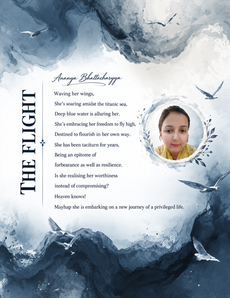 Redesigned poetry page for The Flight by Ananya Bhattacharyya with watercolor ocean and bird imagery
