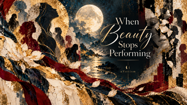 Abstract nVeeism artwork representing women across cultures, identities, and appearances through layered silhouettes, fractured textures, moonlight, and gold accents, for the essay When Beauty Stops Performing.
