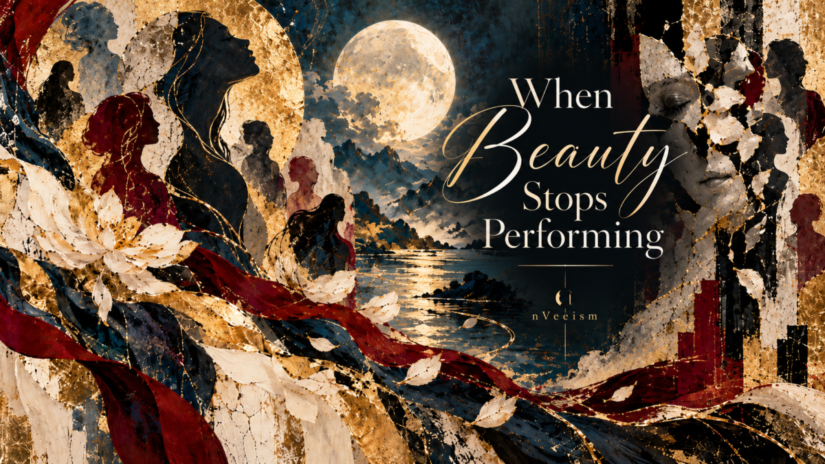 Abstract nVeeism artwork representing women across cultures, identities, and appearances through layered silhouettes, fractured textures, moonlight, and gold accents, for the essay When Beauty Stops Performing.